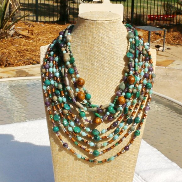 2 Necklace Set Boho Multi Strand Stone Bead Gemstone Silver Handmade NWT - Picture 5 of 9